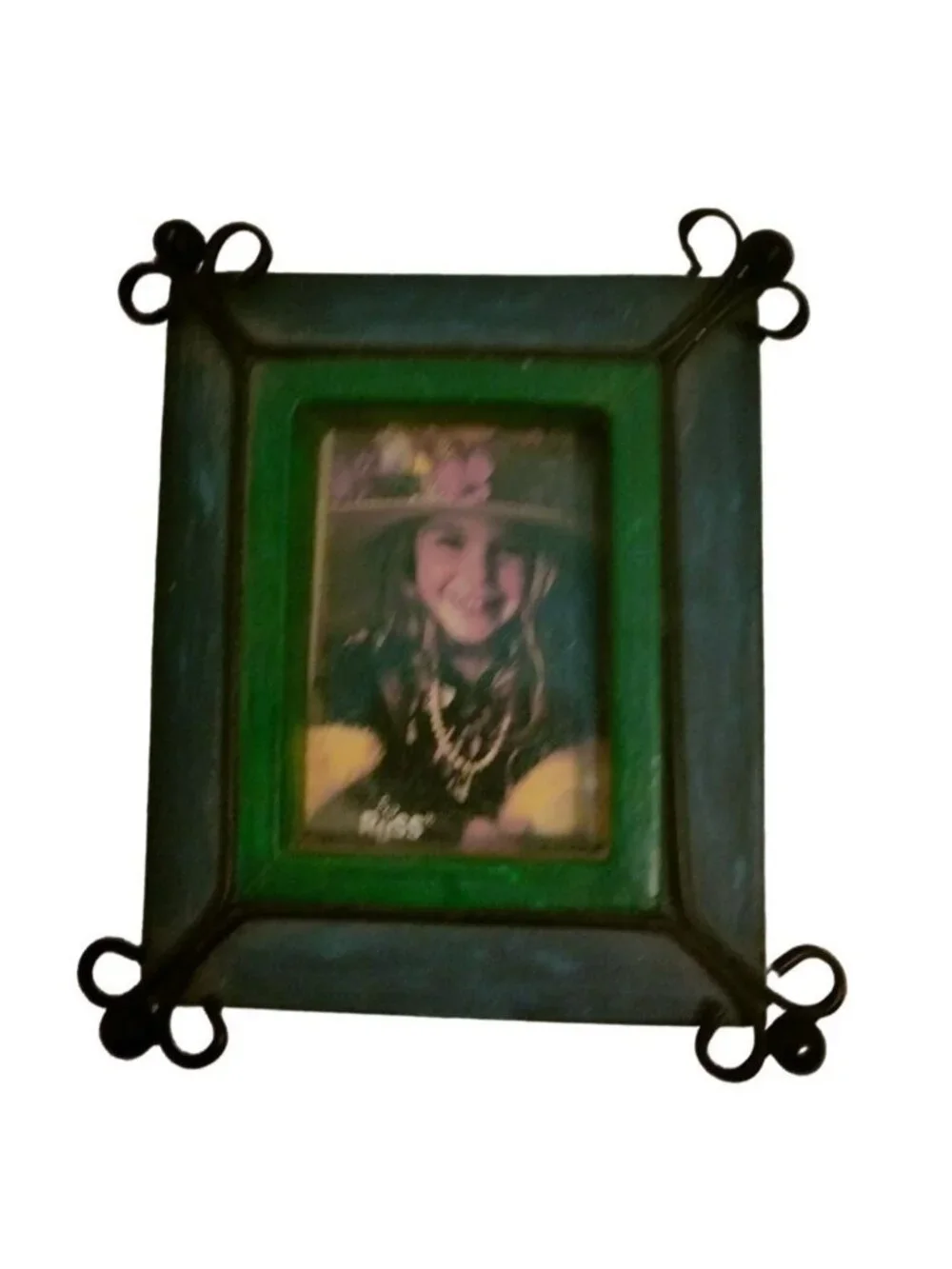 Miniature Wood Frame Blue Green Table Picture Metal Border 3 x 3